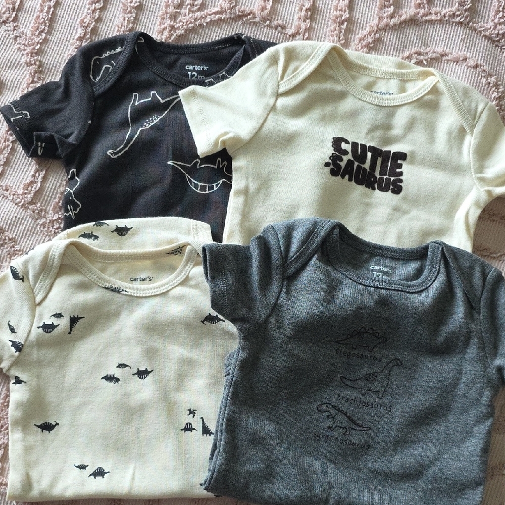 Carter's Dino Graphic Baby Onsies- Black, Cream, Gray‎ - 12M, NWOT